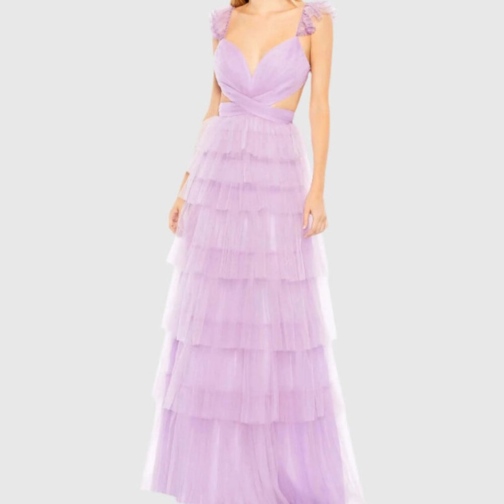 Mac Duggal Purple Ruffle Tiered Tulle Cut Out Gown Lavender Maxi Dress NWT